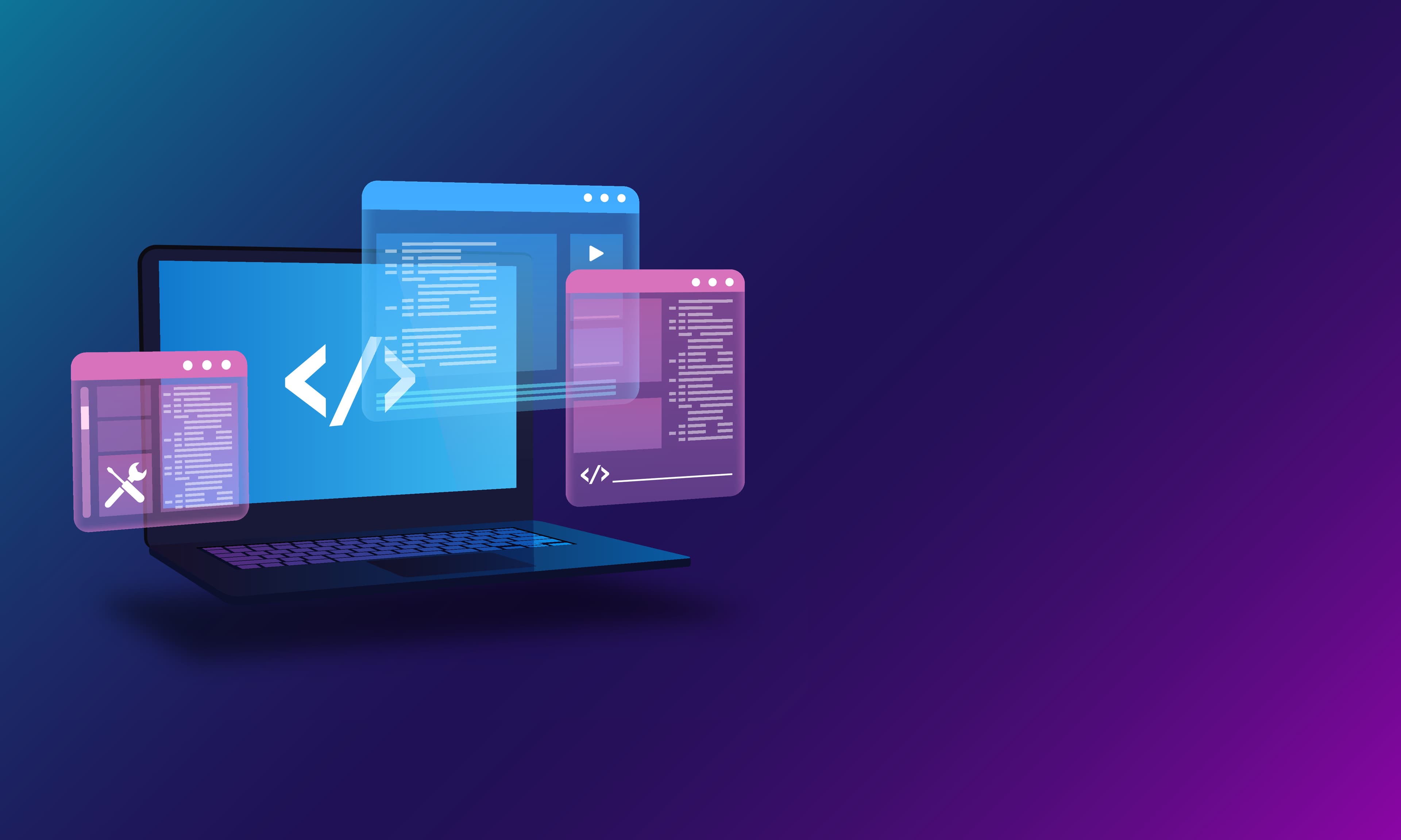 Illustration of a laptop with floating code windows